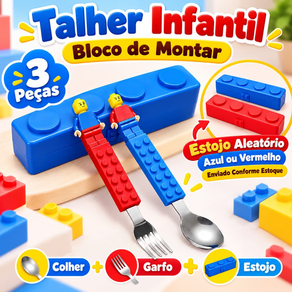 Kit Talheres Infantil Bloco de Montar 3 Peças Colher Garfo Estojo Cor Aleatória Azul Vermelho Escola