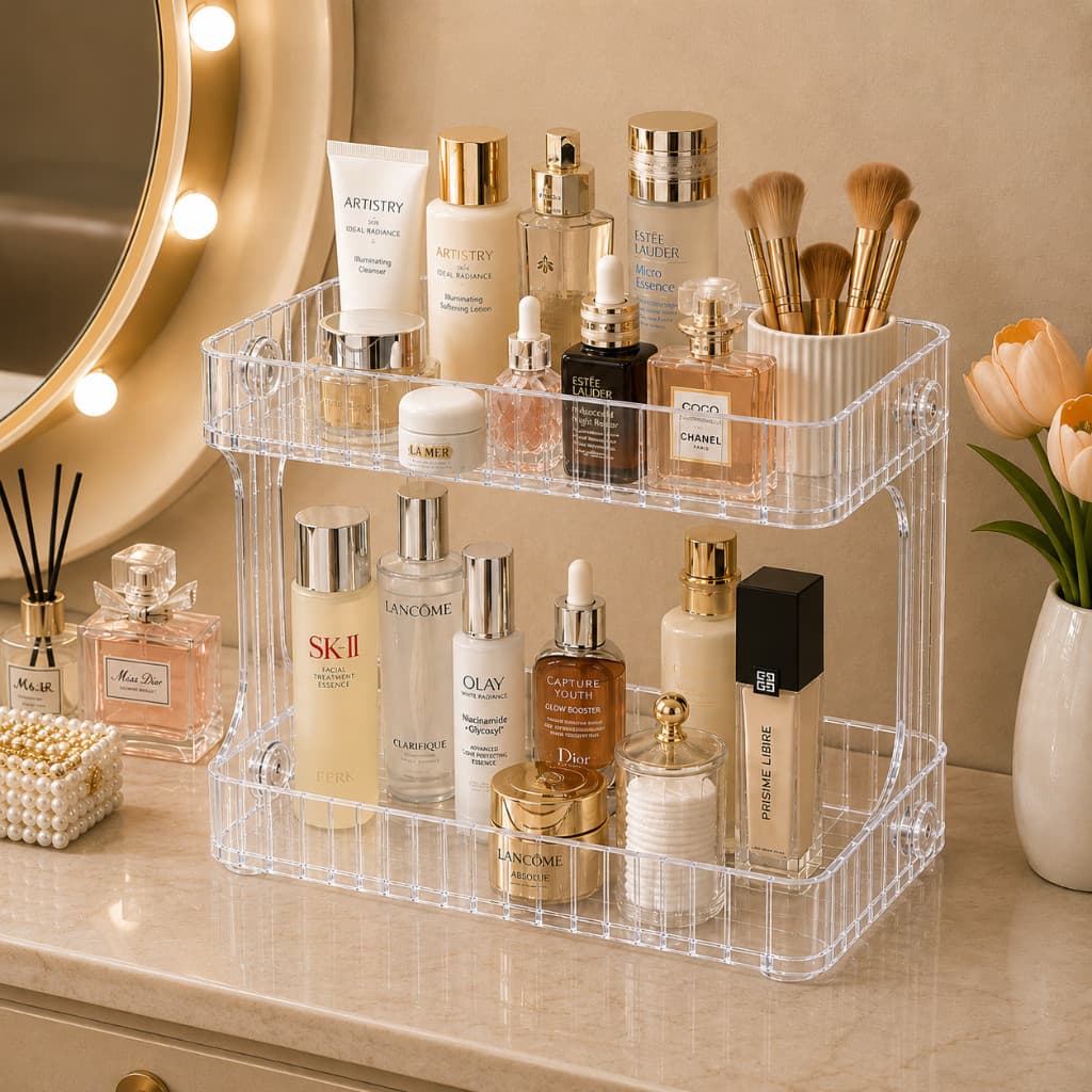 Organizador Duplo para Cosméticos Perfumes Maquiagem e Produtos de Higiene para Banheiro e Penteadeira