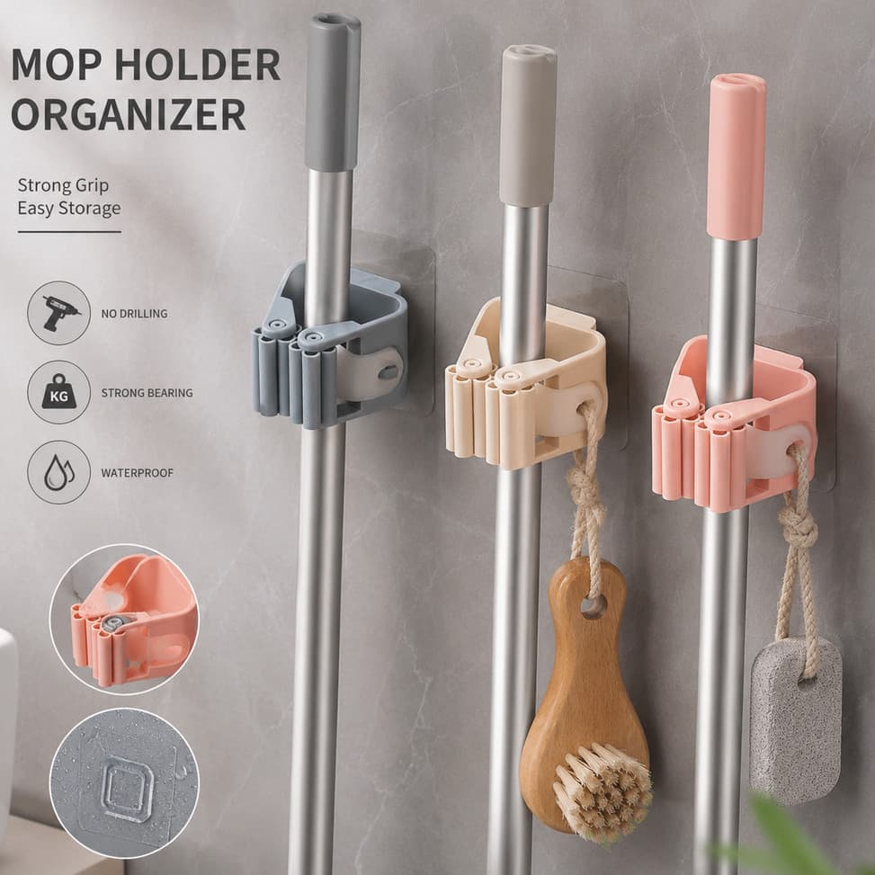 Kit 5 Suporte Organizador de Vassoura Rodo Mop Utensílios de Parede Gancho Multiuso Adesivo Cozinha