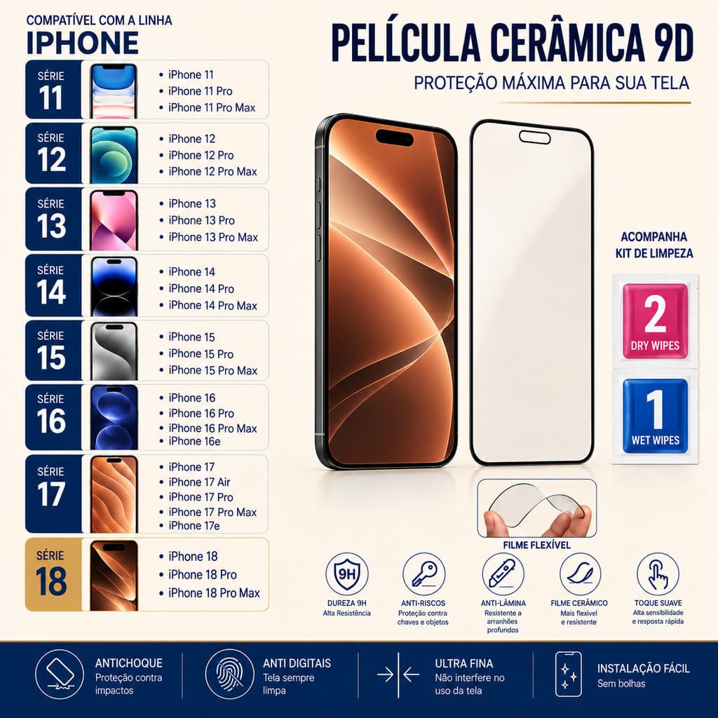 Película 9D Cerâmica para iPhone 11 12 13 14 15 16 17 18 Pro Max | Protetor de Tela Flexível Anti-Risco