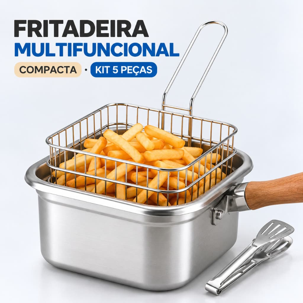 Panela Fritadeira Multifuncional em Aço Inox com Cesto Tampa e Acessórios para Cozinha 5 Peças