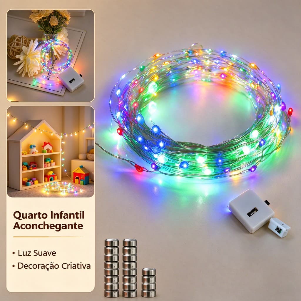 Kit 10 Corda De Luz Fio De Fada 2M Colorido/Branco Quente Com Luzes Led Fada Casa e Decoração Lluminação