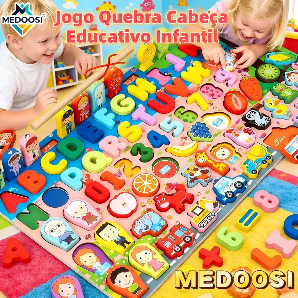 MEDOOSI Brinquedo Magnético Montessori | Quebra-Cabeça Alfanumérico de Madeira com Pesca Magnética e Jogo Deslizante