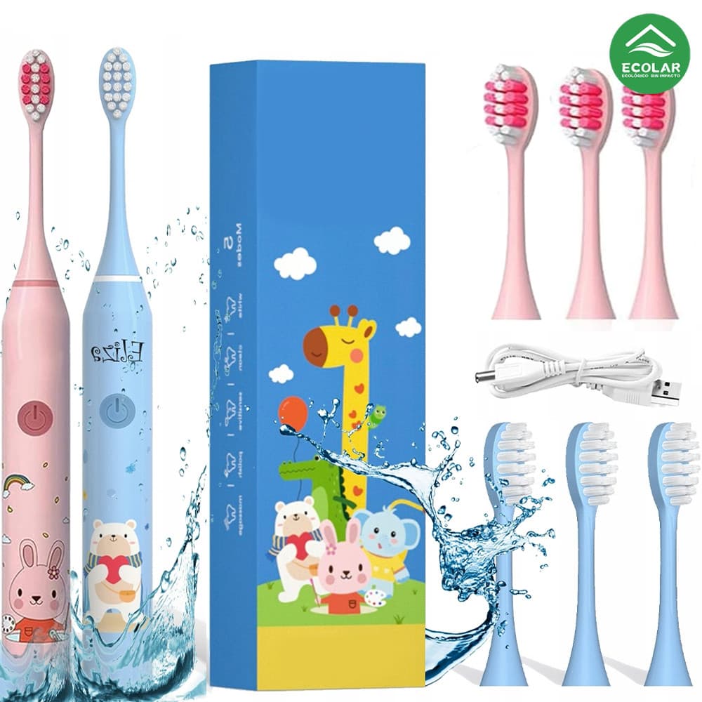 Escova de dentes infantil elétrica sônica 1 a 3 anos impermeável design seguro cerdas macias 4 cabeças