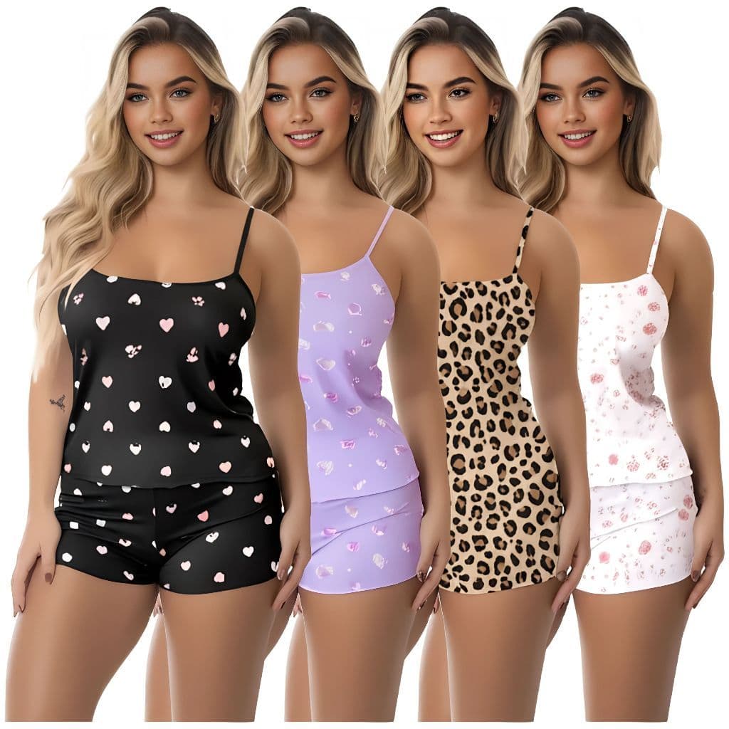 Kit 4 Conjuntos Femininos Baby Doll Pijama Short Doll Estampado Sem Bojo