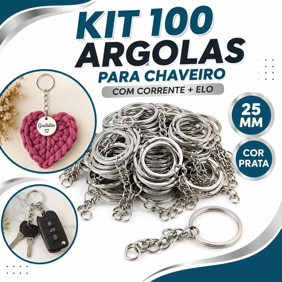 Kit 100 Argolas Italianas Para Chaveiro 25mm Com Corrente E Elo 8mm Prata Addiesdive — imagem 2