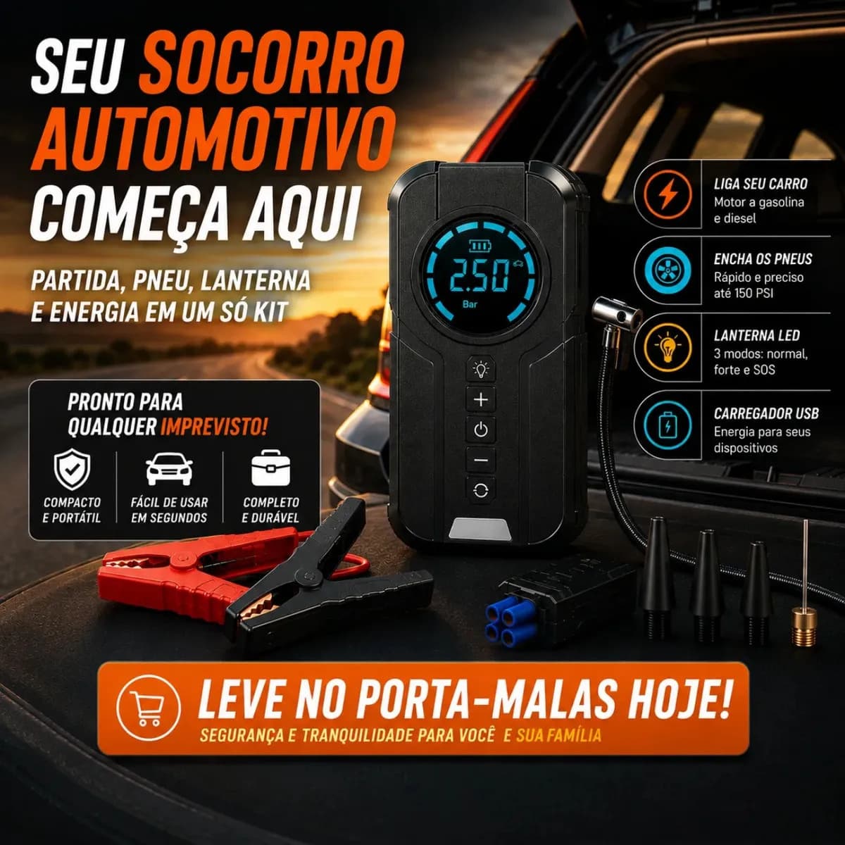 Auxiliar De Partida Bateria Com Compressor De Ar 150 Psi Calibrador Digital De Pneu 12V 4 Em 1 Recarregável Bivolt Inflador Mangueira Para Carro Caminhonete SUV — imagem 4