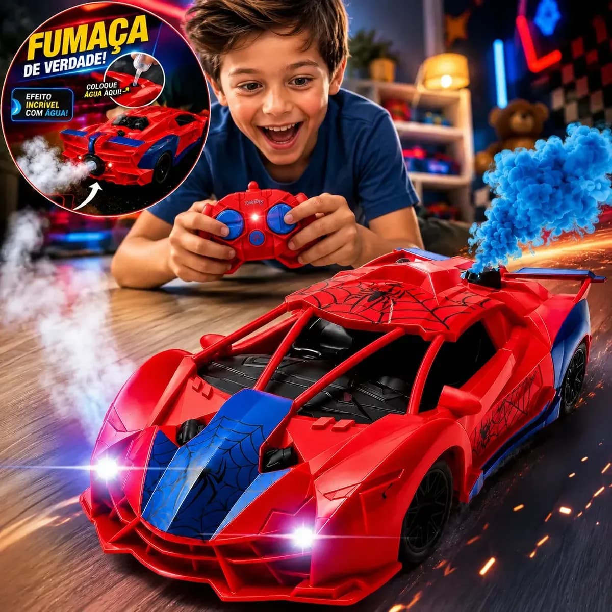 Carrinho de Controle Remoto Homem Aranha c/ Fumaça e Luz LED — imagem 4