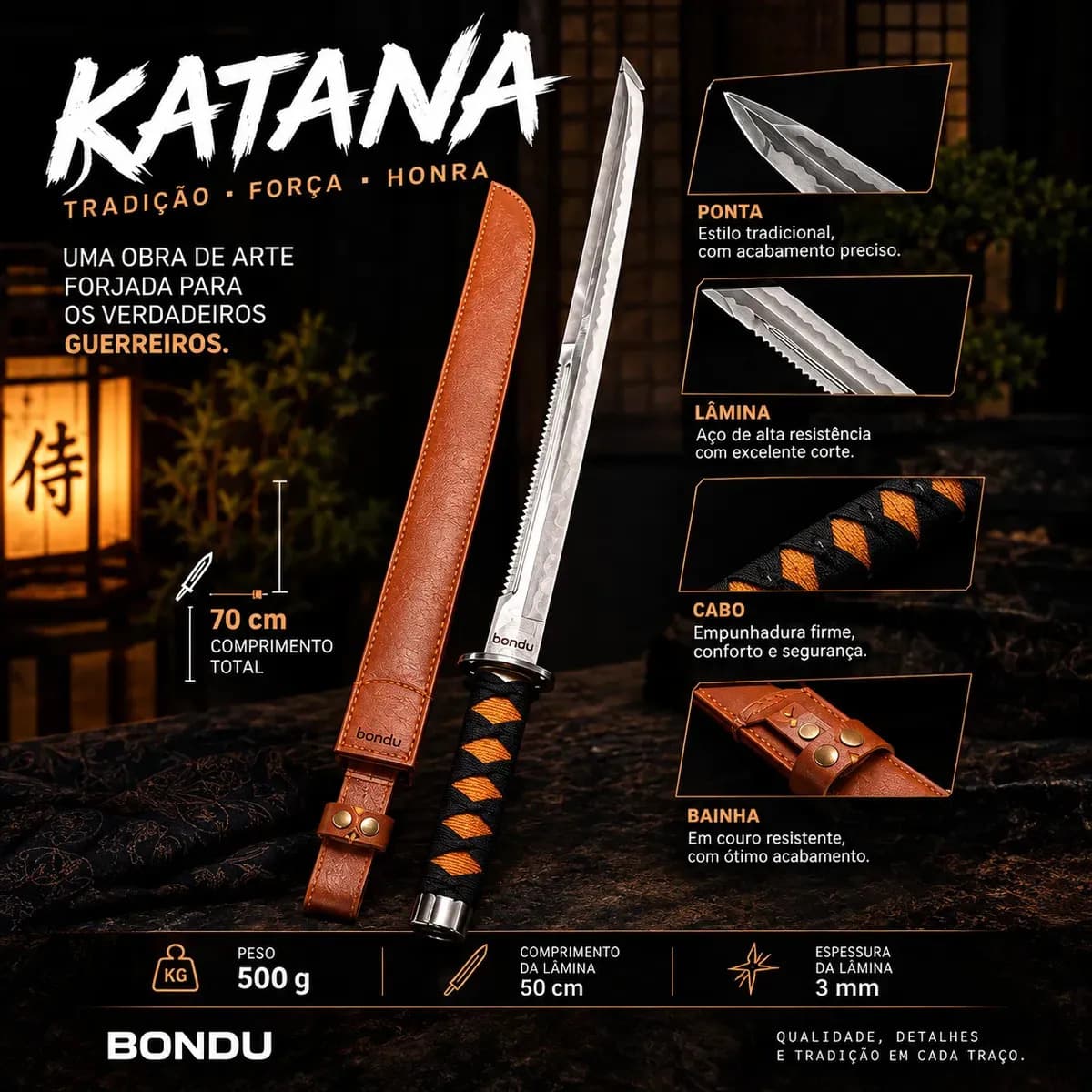 Espada Katana Samurai Full Tang 70cm Zoro Aço Inox Com Fio Corte + Bainha Couro — imagem 6