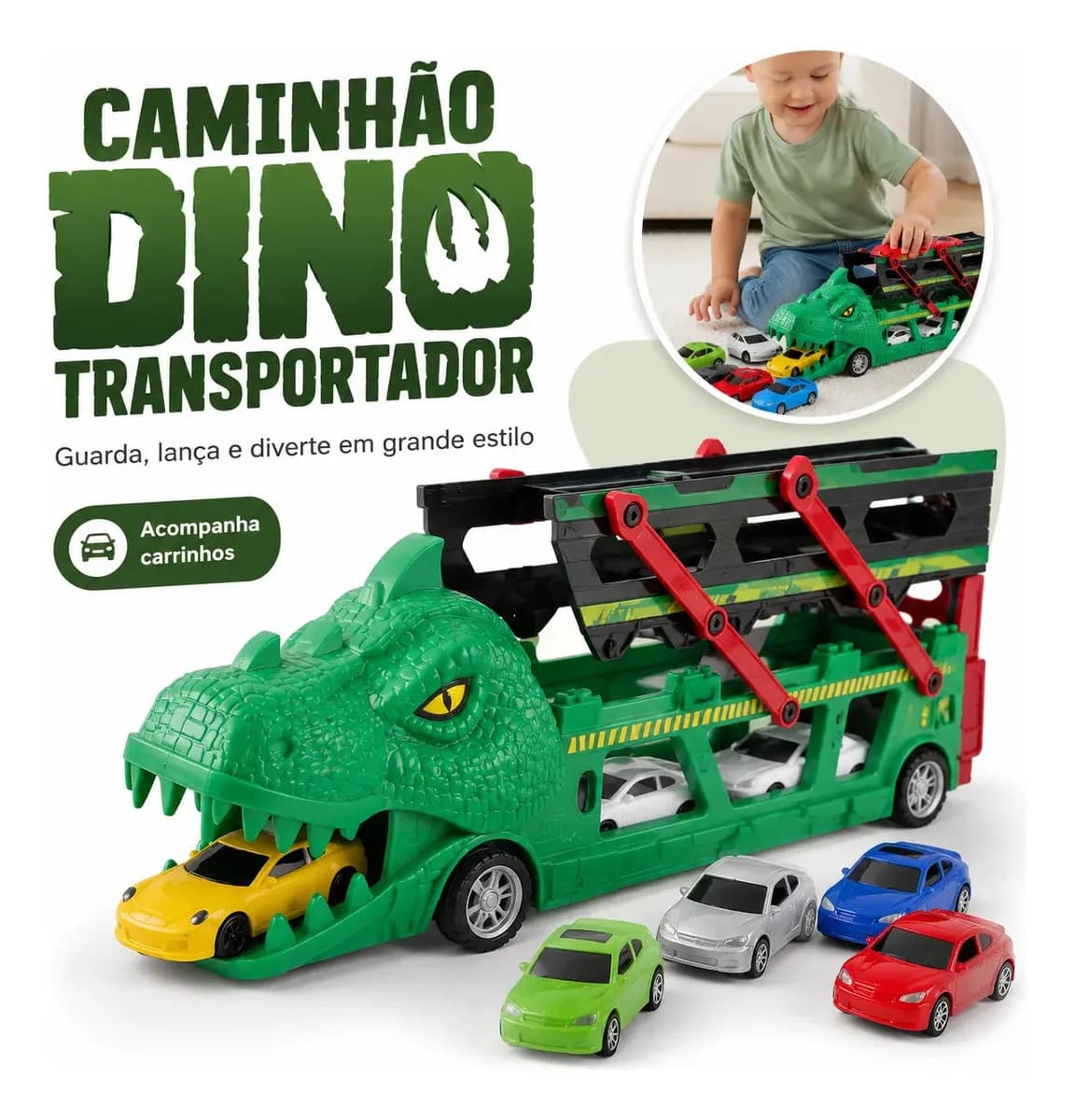 Lançador Dino Dinossauro 6 Carrinhos Brinquedo Infantil Pista De Corrida Super Velocidade Automático Presente Menino 3 anos — imagem 6
