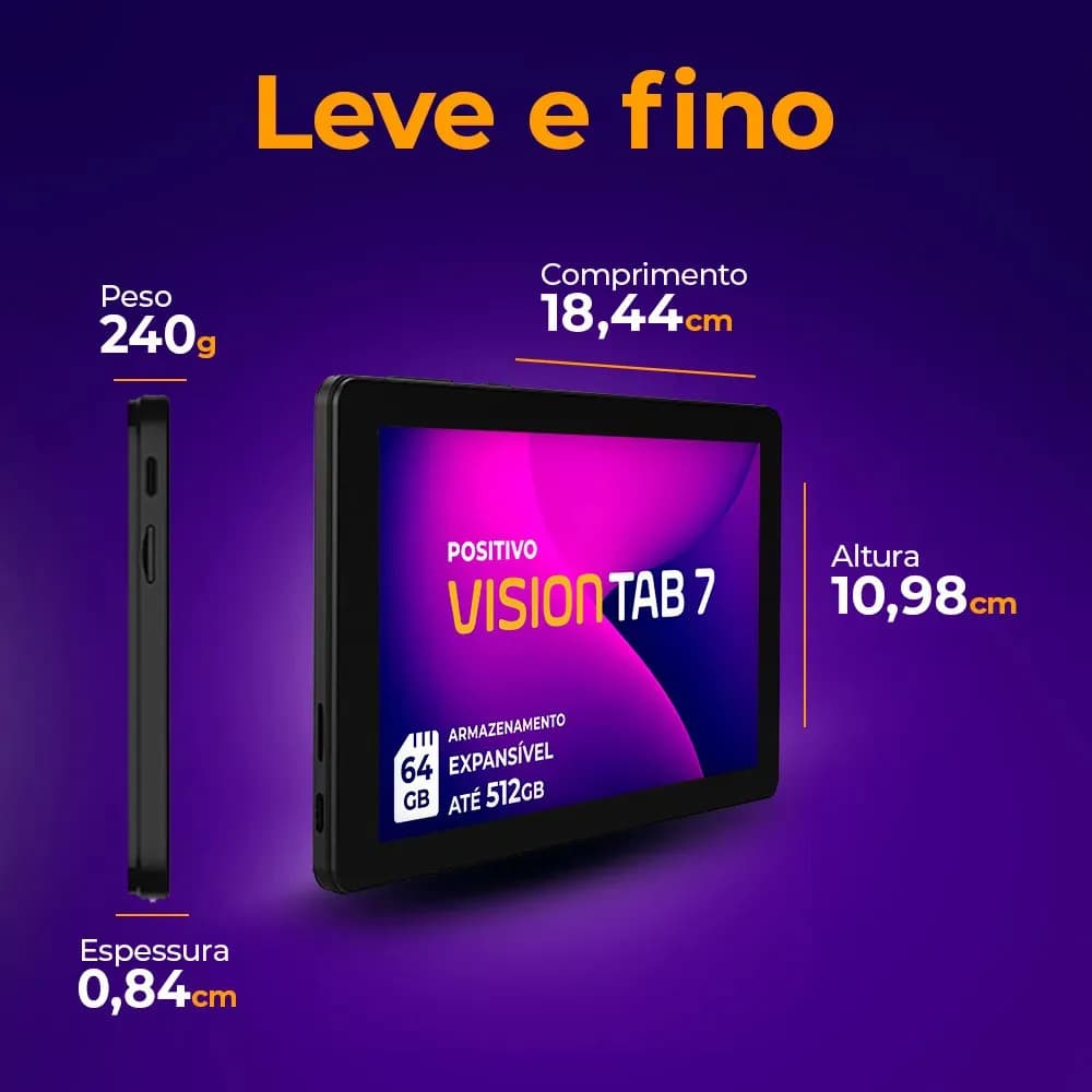 Tablet Positivo Vision TAB 7 - Processador Octa-Core 3GB RAM 64GB Armazenamento Tela 7” IPS Bateria 3100mAh, Android 14 Go, Wi-fi - Preto — imagem 4