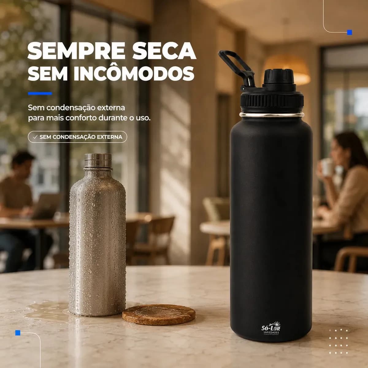 1000ml Garrafa Térmica Isolada A Vácuo Squeeze Aço Inox 304 para Água Gelada Esporte Academia com Alça e Bico Preto Sólar — imagem 4