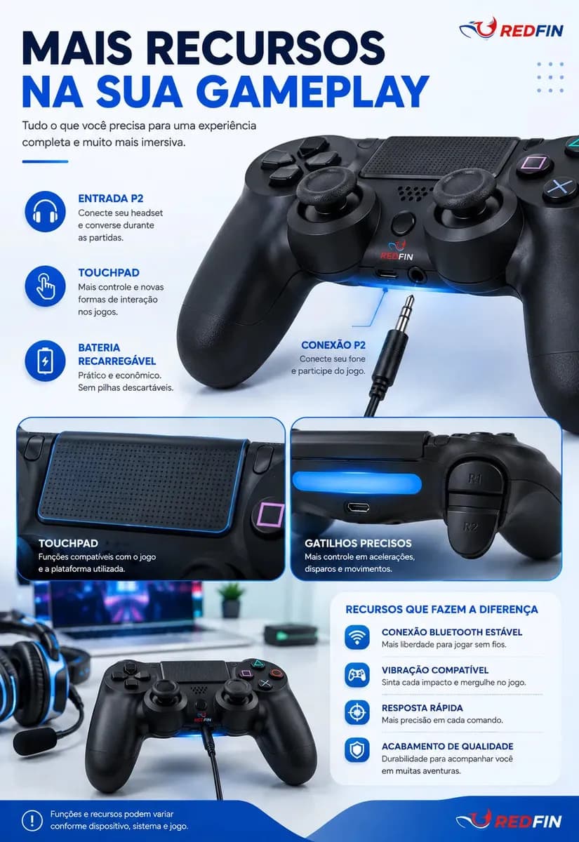 Controle Sem Fio Joystick Genérico Bluetooth Compatível Para Ps4 Videogame Tv Samsung Pc P4 Ps 4 Manete Pc Gamer Tv Smart Controle Bluetooth Celular Headset Sem — imagem 3