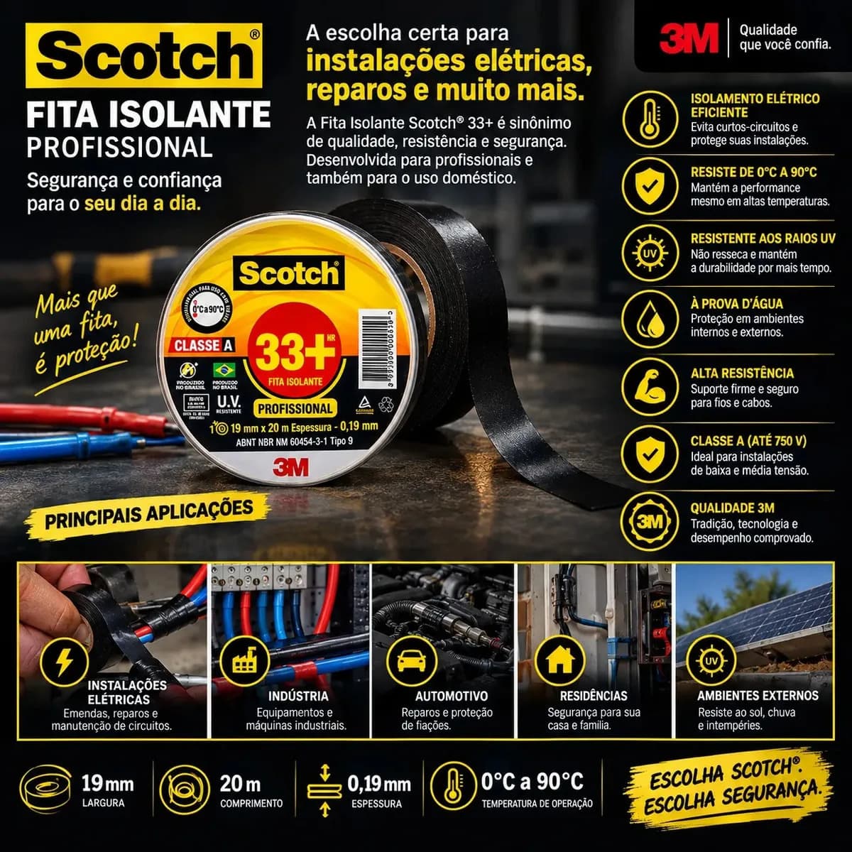 3M 33+ Cor Preto Fita Isolante Scotch 19mm Com 20m — imagem 3