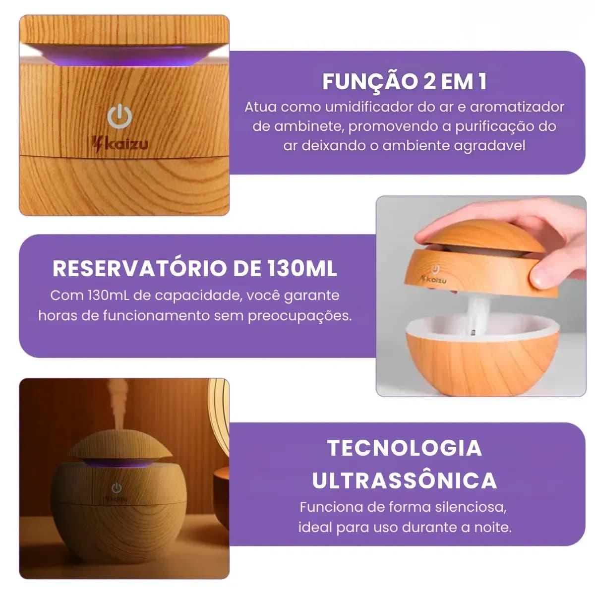 Difusor Aromatizador Elétrico Ultrassônico Kaizu de 130mL USB com Luz Noturna e Essência de Lavanda — imagem 4