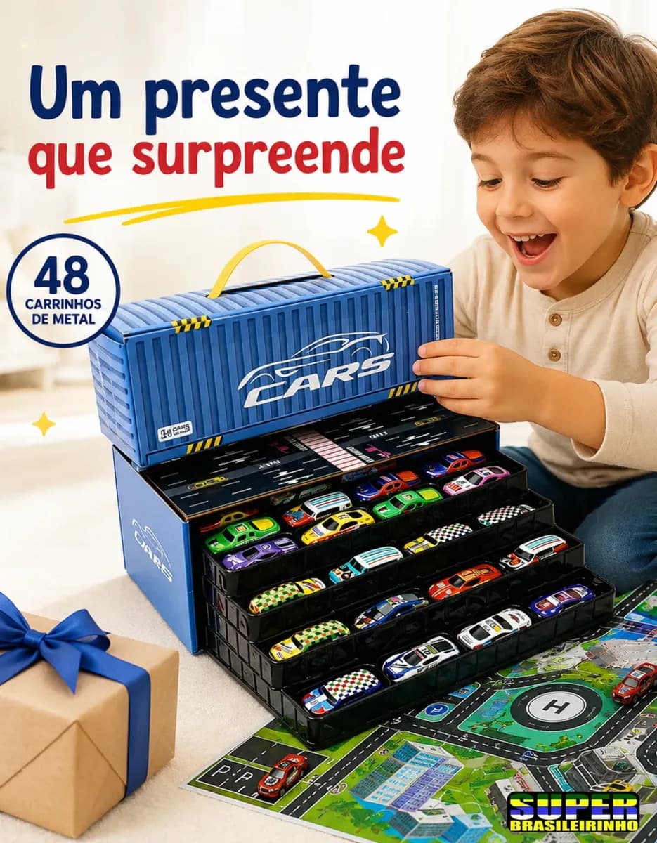 Maleta 48 Carrinhos + Tapete Pista 40x60 Estacionamento Brinquedo Infantil Presente Criança - Super Brasileirinho — imagem 3