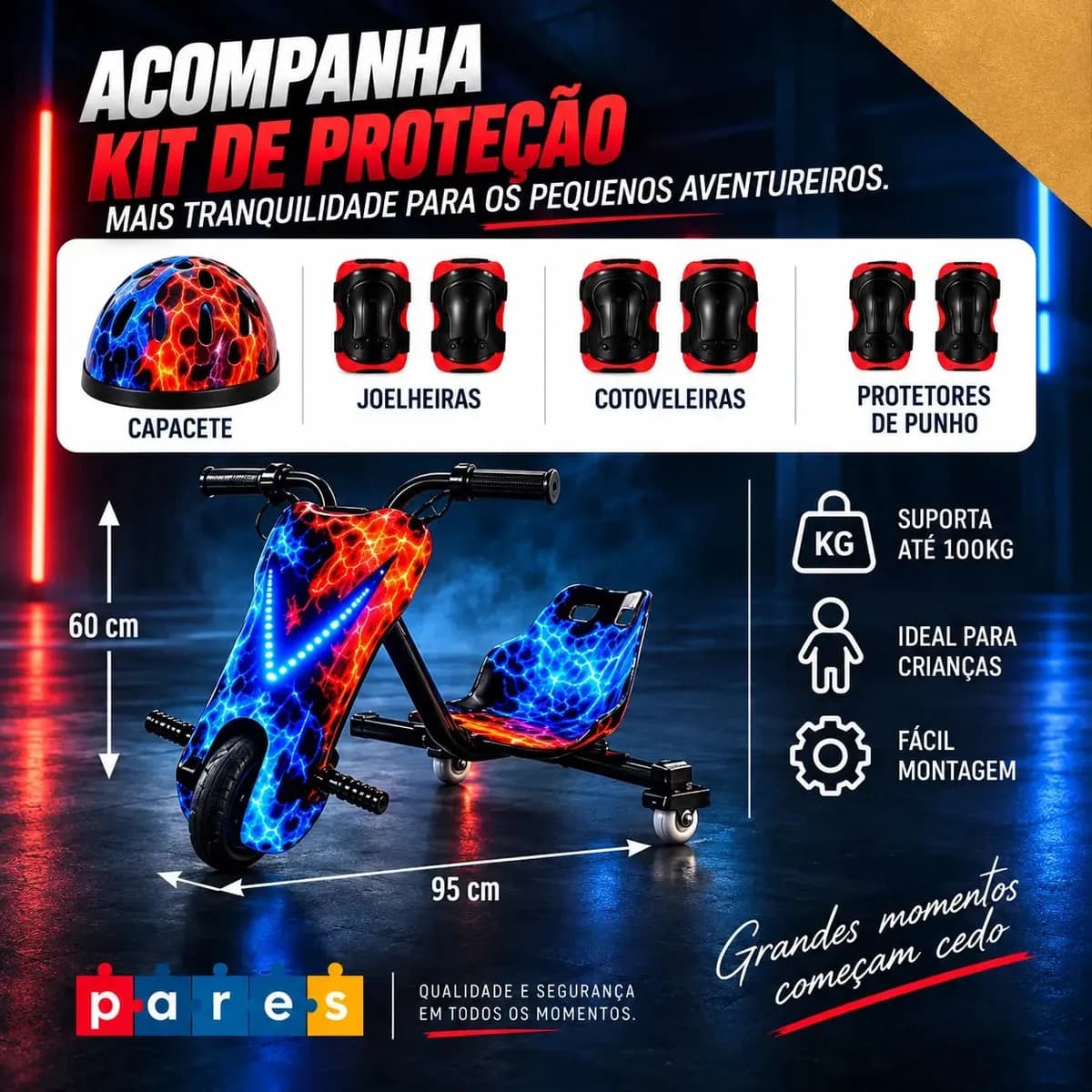 Patinete Elétrico Infantil Triciclo PARES Drift Bluetooth 3 Rodas Vermelho Diversão e Lazer + Kit de segurança — imagem 2