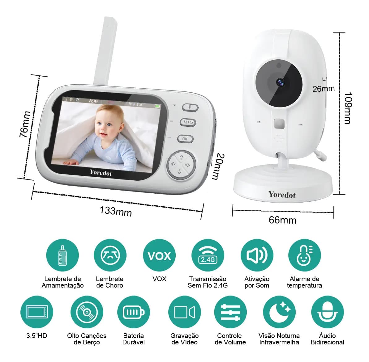 Babá Eletrônica Y-6000 Câmera Semfio Visão Noturna 18 h 3.5'' Lcd Tela Grande De Alta Definição Multifuncional Alarme Com Microfone — imagem 3