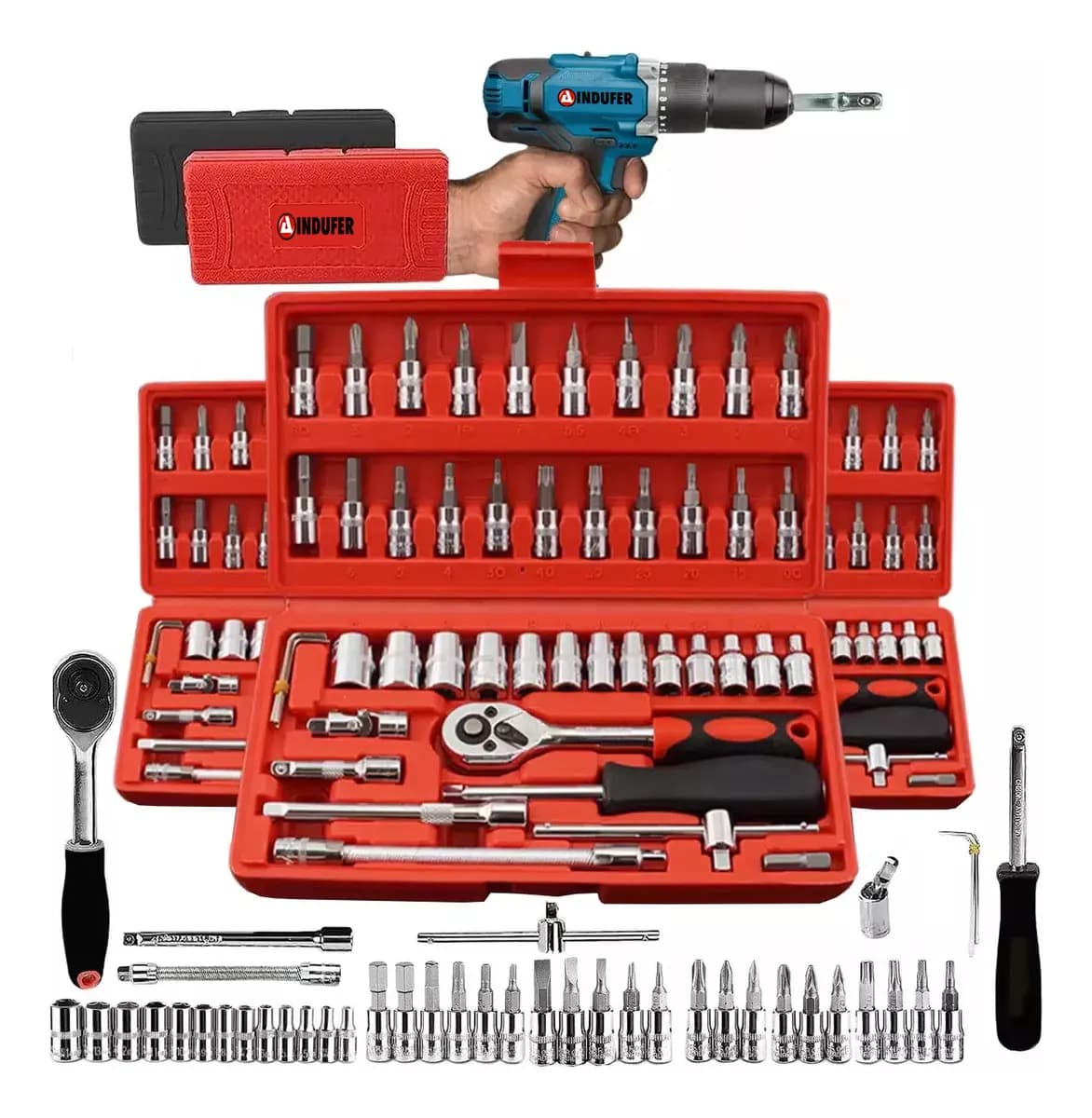 Kit Chave Catraca 46 Peças Indufer em Cromo Vanádio, para Manutenção