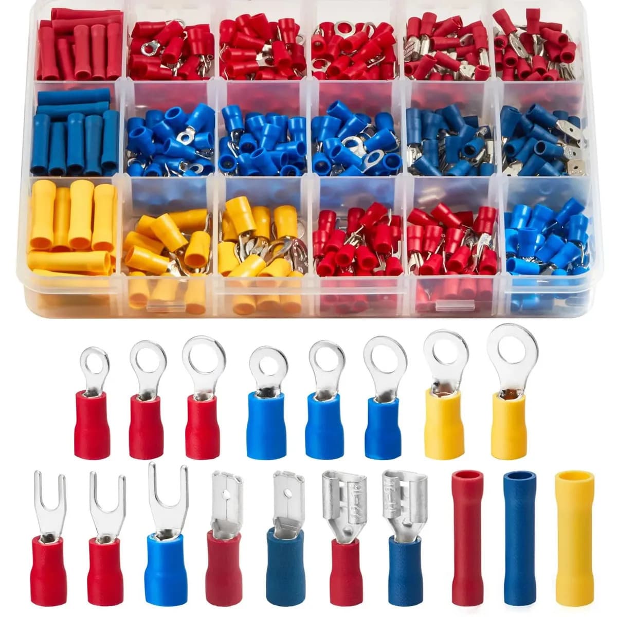 Kit 295 Terminais Elétricos Conectores Pré-isolado Conector Emenda Chicote Crimpar forquilha Olhal Garfo Luva Faston Automotivo Variados Macho Fêmea Com Caixa O — imagem 2