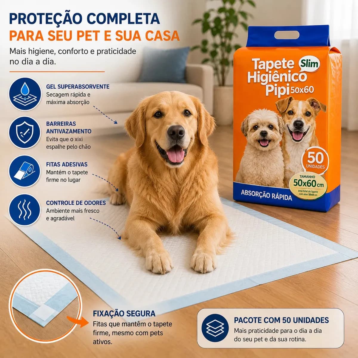 Tapete Higiênico Para Cães Gatos Pets Manta Absorvente 50 Unidades 50x60Cm Branco Fralda Pet Cachorro Camadas De Proteção Bloqueador De Odor Linha Premium Com C — imagem 2