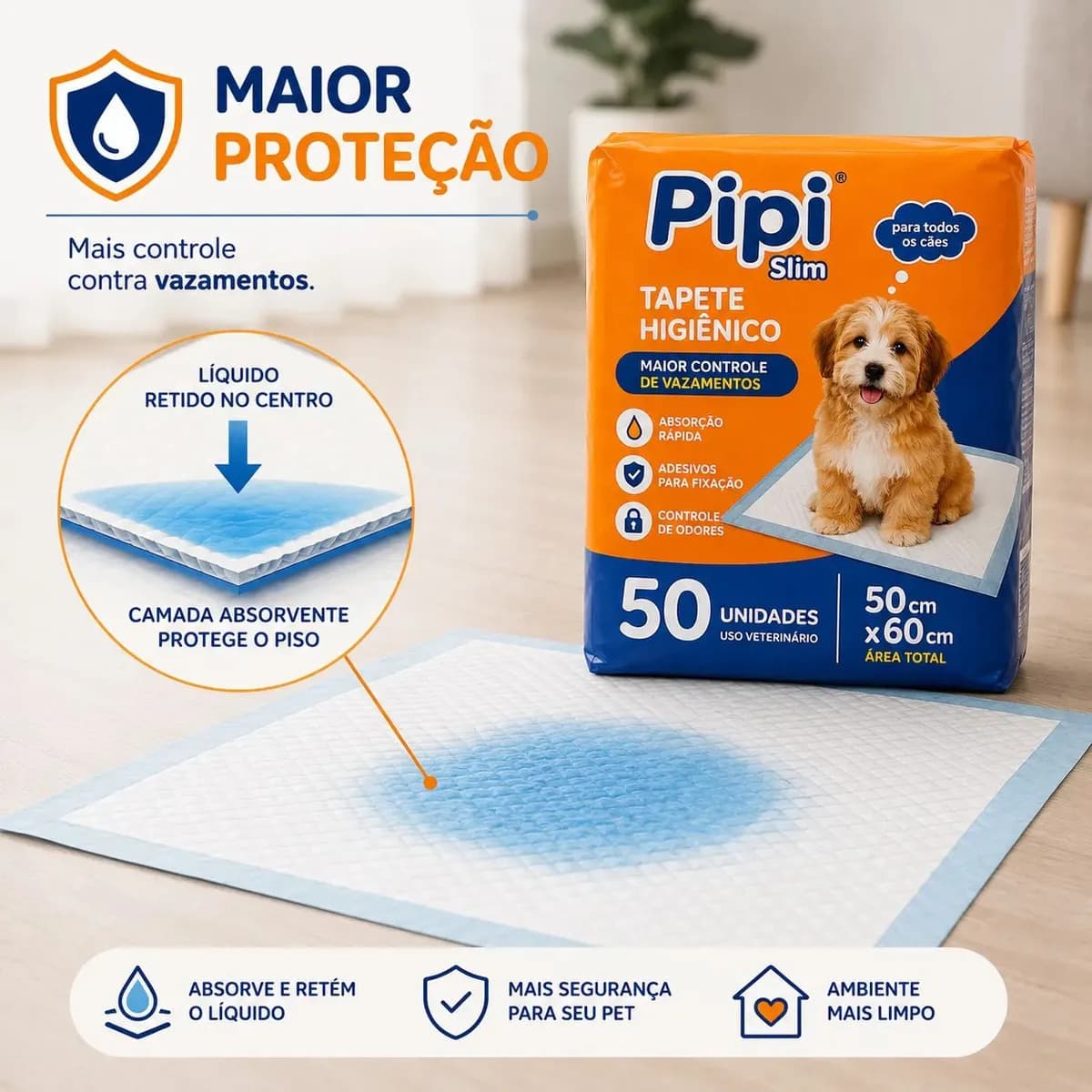 Tapete Higiênico para Cães Gatos Pets Manta Absorvente 50 Unidades 50x60 cm Absorção Rápida PawSoft Premium — imagem 3