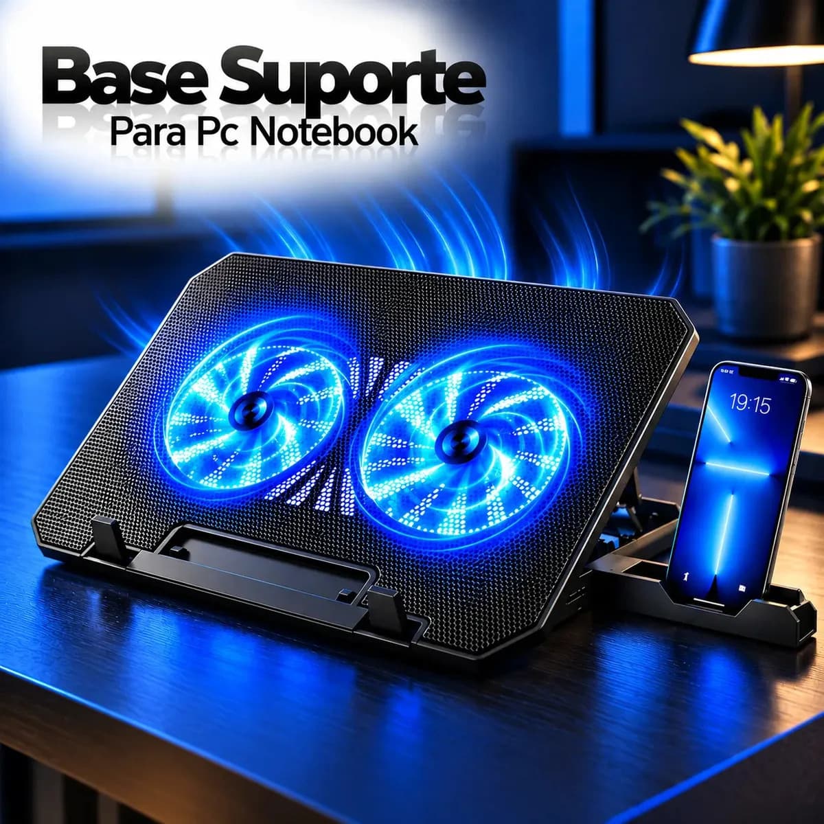 Base Suporte Para Pc Notebook Alumínio Portátil Articulado Dobrável Tablet Laptop Mesa Davely Cor Preto Com Ventoinhas E Suporte Para Celular Refrigerada 2 Cool