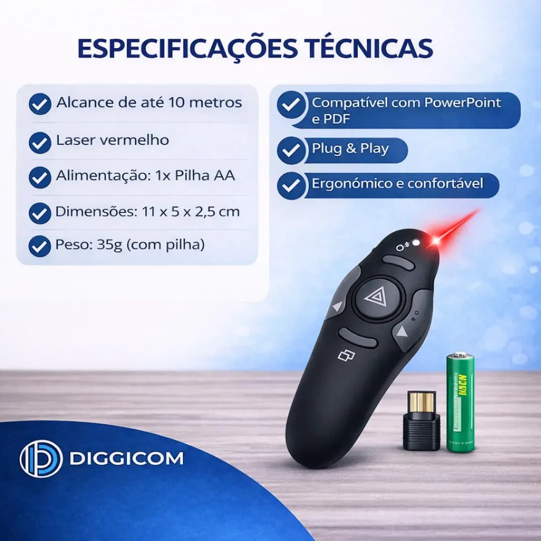 Apresentador Controle Passador Slide Caneta Laser Profissional Sem Fio Preto Mouse Multimidia Wireless Usb Para Palestras Aulas Reuniões Apresentações Usb - Dig — imagem 3