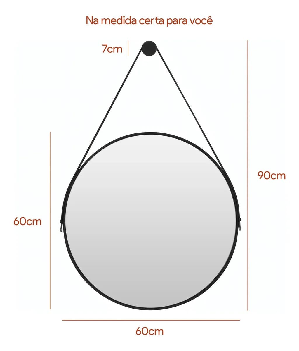Espelho Redondo 60cm Adnet Alça de Couro Branco Dupla Costura e Suporte em Alumínio Quarto, Banheiro, Sala MF901 — imagem 5
