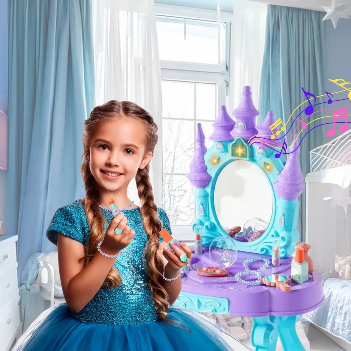 Penteadeira Castelo Emite Luz E Som Princesa Infantil Azul — imagem 6