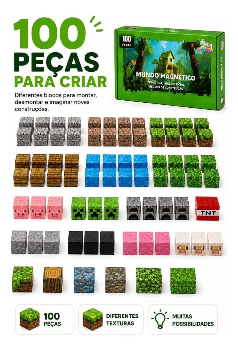 Blocos de Montar Magnético 100 Peças Criativo Mundo De Cubo Construção 3d Infantil Educativo Com Personagens Brinquedo Nanotoyzzz — imagem 2