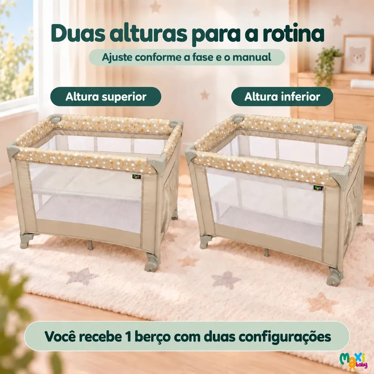 Berço Portátil Infantil Cercado Desmontável Lune Maxi Baby - BEGE — imagem 4