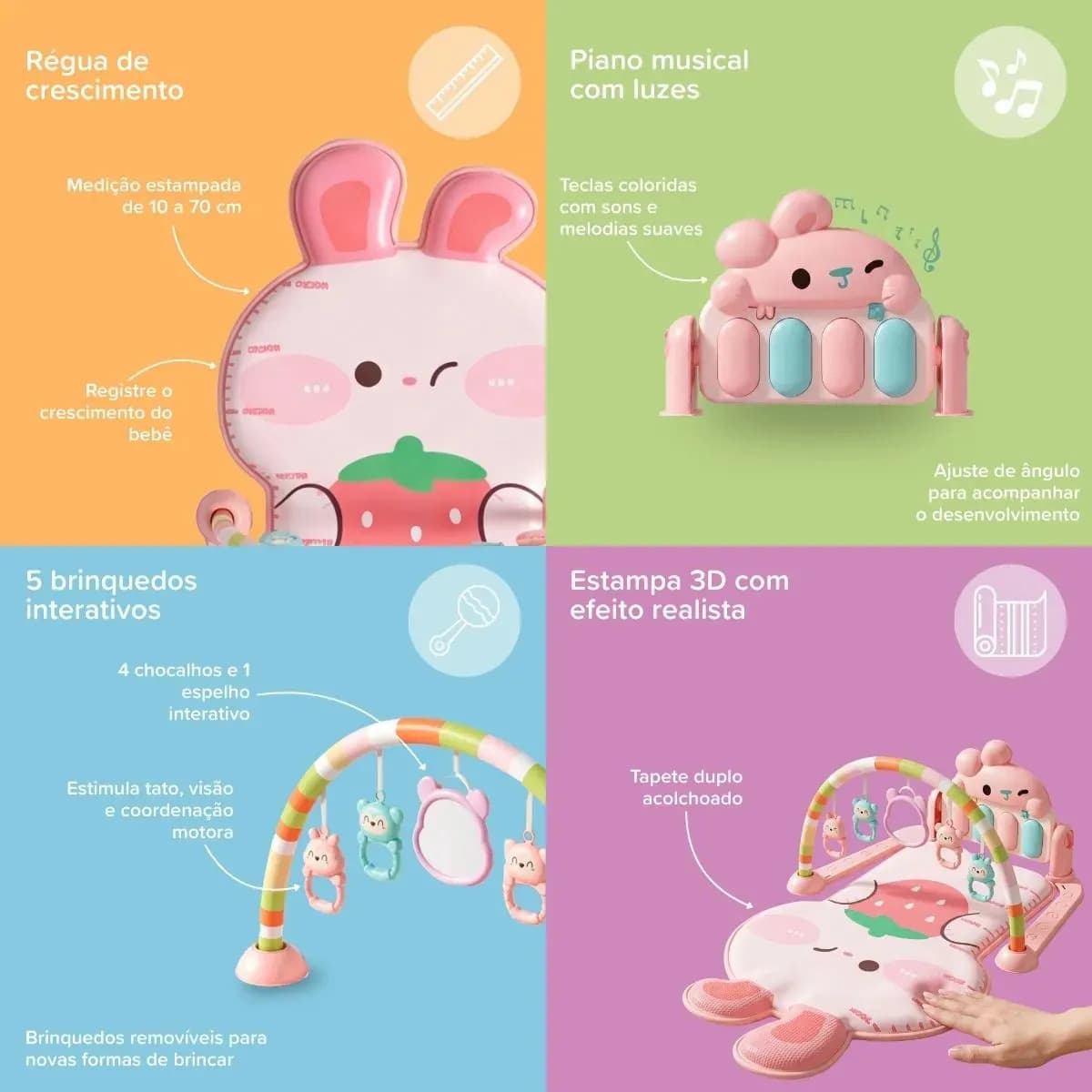 Tapete De Atividade Bebê 3D Ginásio Piano Musical Arco 5 Brinquedos Interativo Maxi Baby - ROSA — imagem 4