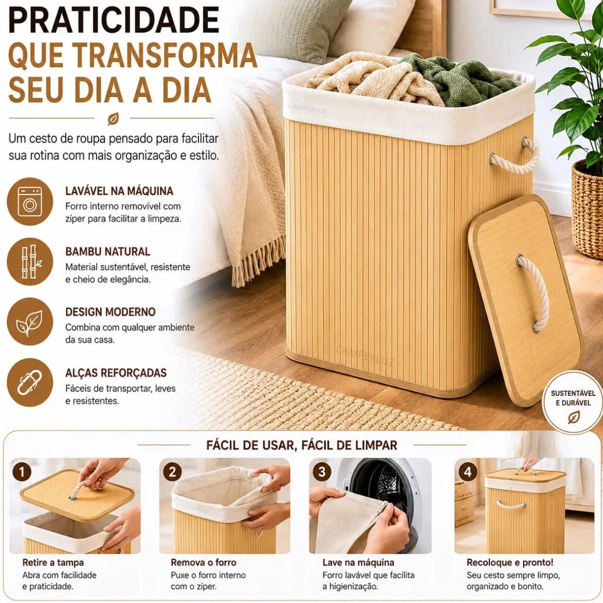 Cesto Organizador De Roupa Bambu Dobrável Retangular Com Tampa Forro e Alças 72 Litros Grande Capacidade Reforçado Caixa Organizadora para Brinquedos - Marca Ma — imagem 4