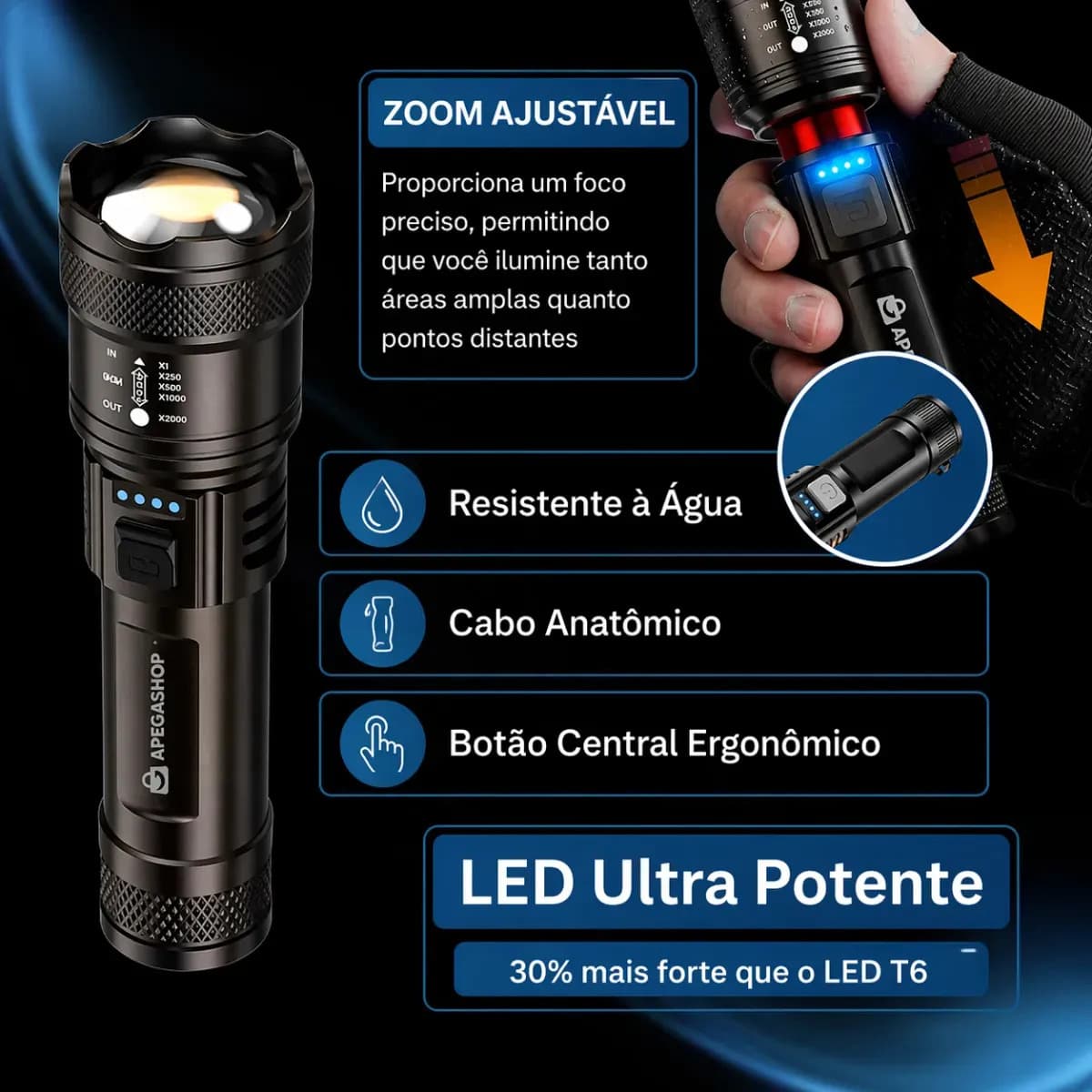 Lanterna Tática Militar Recarregável Led Cree Mais Forte Do Mundo Ultra Potente 1000m Zoom Alto Brilho Sitio Fazenda Apegashop — imagem 4