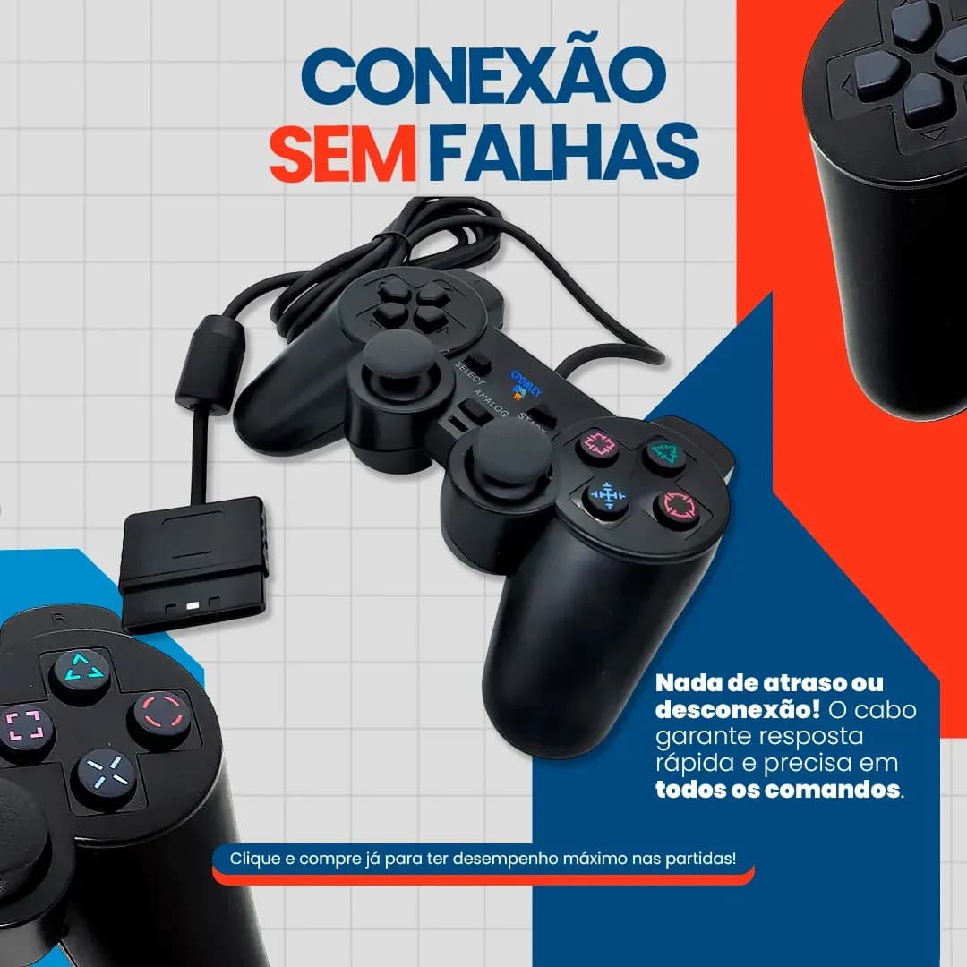 Kit 2 Controles Para Ps2 e PS1 Com Fio Analógico Joystick Manete - Crowley — imagem 3