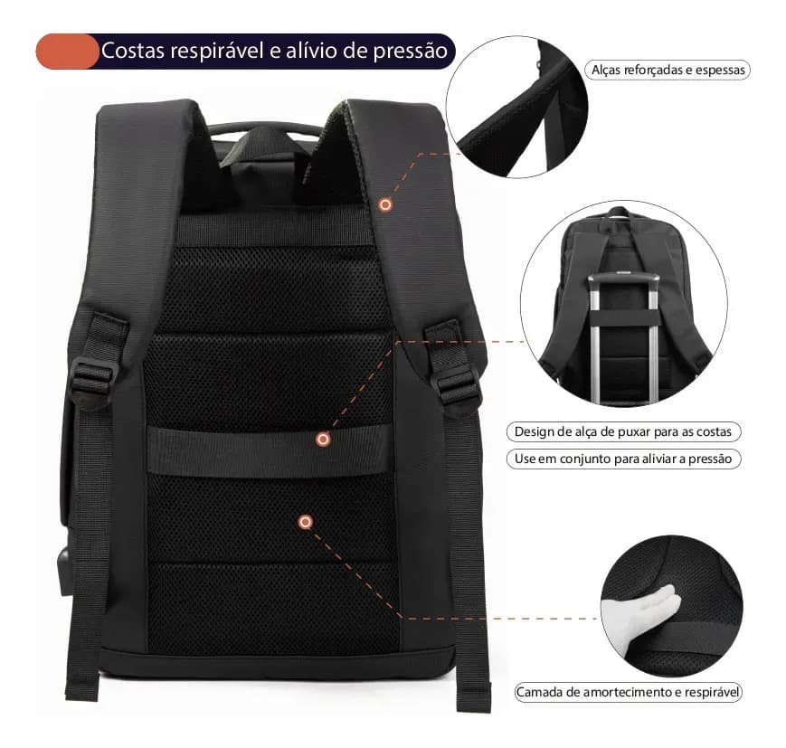 Mochila À Prova D'água Reforçada Expansível Para Viagens Diá Preto — imagem 5