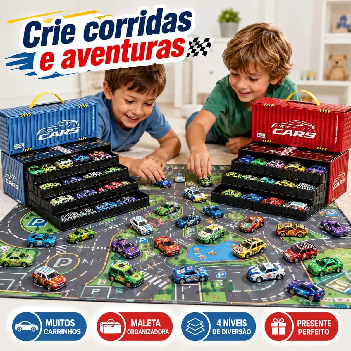 Maleta 48 Carrinhos + Tapete Pista 40x60 Estacionamento Brinquedo Infantil Presente Criança - Super Brasileirinho — imagem 5