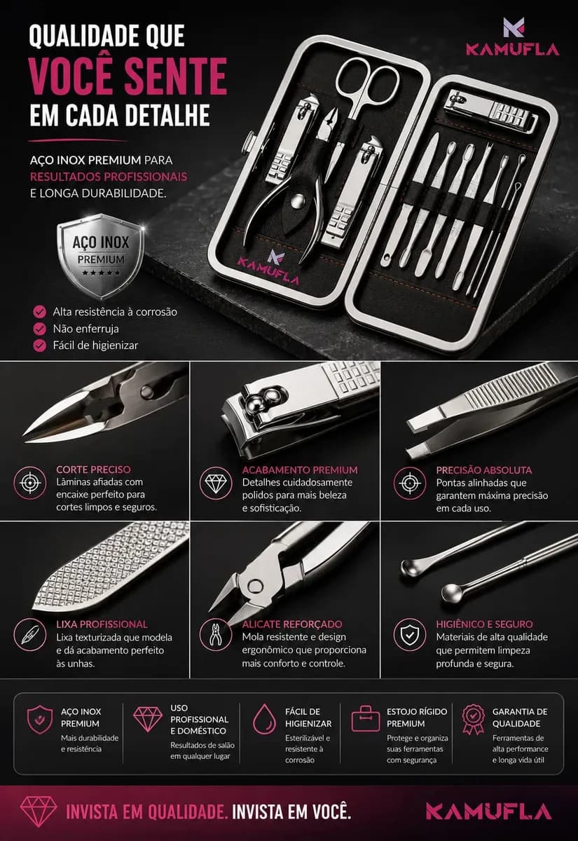 Kit Cortador De Unha Portátil Estojo Alicate Manicure 12 Pç Desencravador De Unha Manicure Alicate Lixa Profissional Tesoura Empurrador De Cutículas Pinça Portá — imagem 6