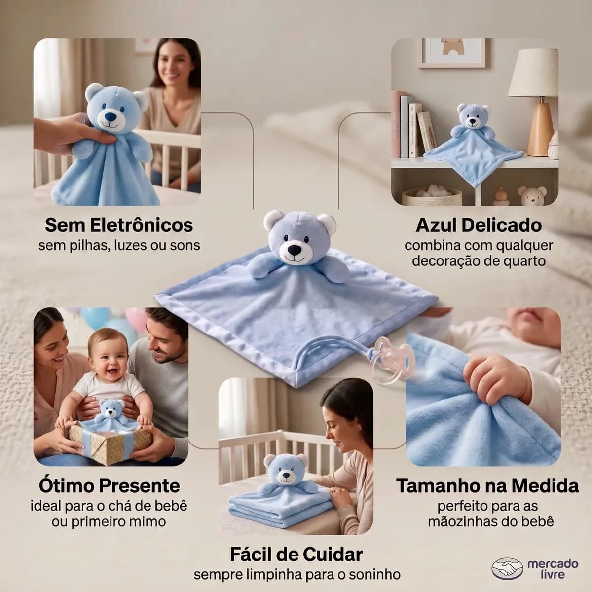 Naninha Ursinho Algodão Doce Bebê Antialérgica Azul Recém-Nascido 0 a 24 Meses Textura Macia Lavável na Máquina Adequada para Secadora 30x35cm Kit com 1 Peça Pr — imagem 5