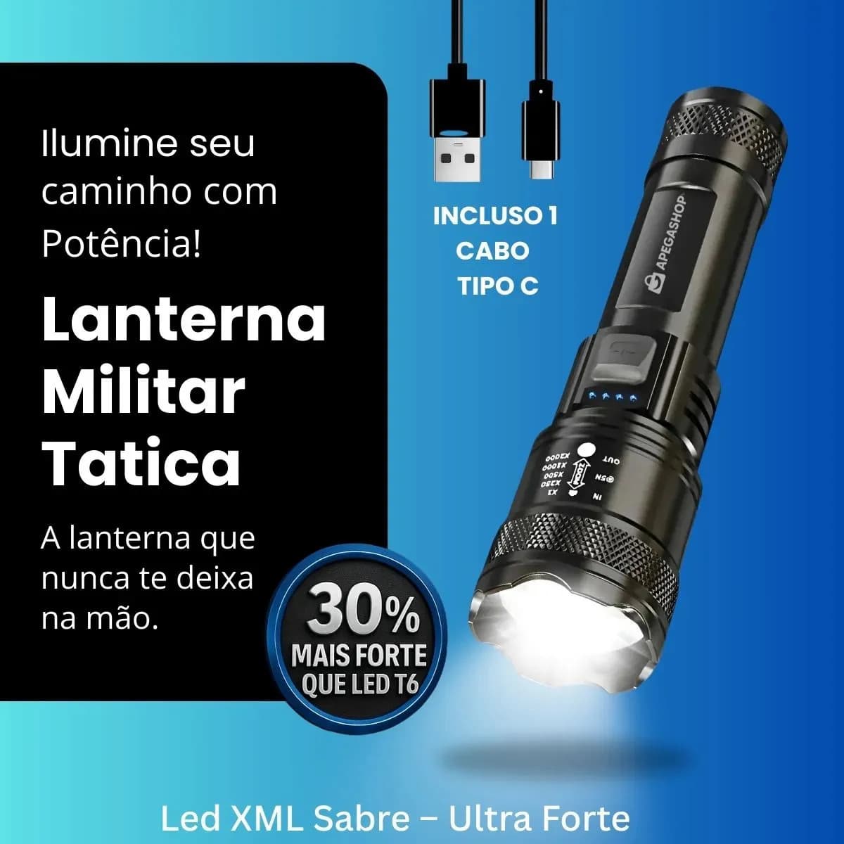 Lanterna Militar Tática Led Cree Recarregável Mais Forte Do Mundo Ultra Potente 1000m Zoom Alto Brilho Resistente Agua Sitio Fazenda — imagem 2