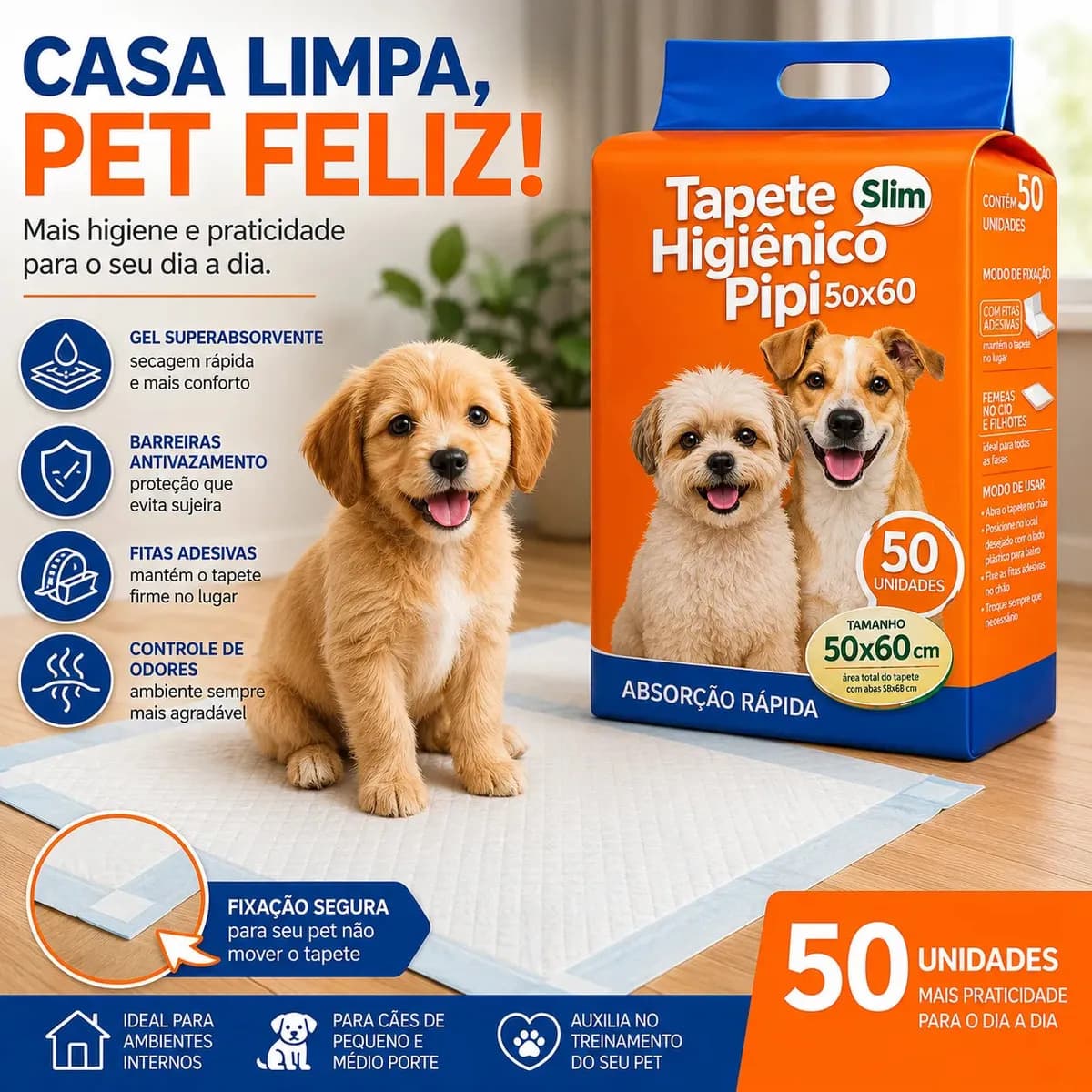 Tapete Higiênico Para Cães Gatos Pets Manta Absorvente 50 Unidades 50x60Cm Branco Fralda Pet Cachorro Camadas De Proteção Bloqueador De Odor Linha Premium Com C — imagem 3