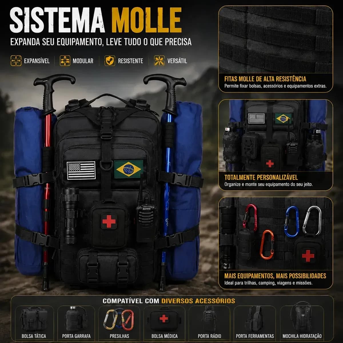 Mochila Tática Masculina Militar 50L Impermeável Reforçada Grande Molle Viagem Camping Trilha Airsoft Pesca Caça Forpak — imagem 5