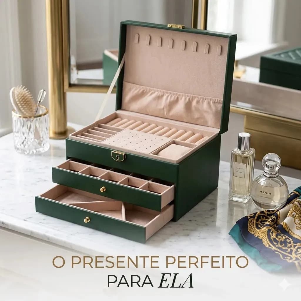 Porta Joias 3 Camadas Couro Caixa De Jóias Feminina Cor Rosa — imagem 4