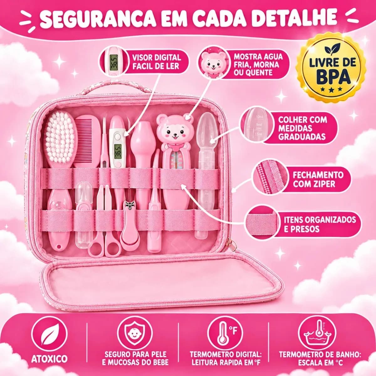 Kit Higiene Cuidados Bebê Rosa Recém Nascido Completo 13 Peças Bolsa Maternidade Termômetro Digital Aspirador Nasal Escova Pente Cortador De Unha Azul Menino Ch — imagem 4
