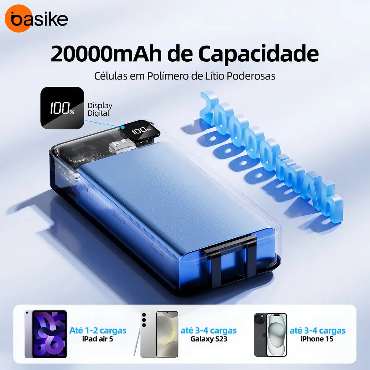 Power Bank Basike 20000mAh Preto, Carga Rápida 22.5W para iPhone e Samsung, Com Cabos Embutidos e Display — imagem 4