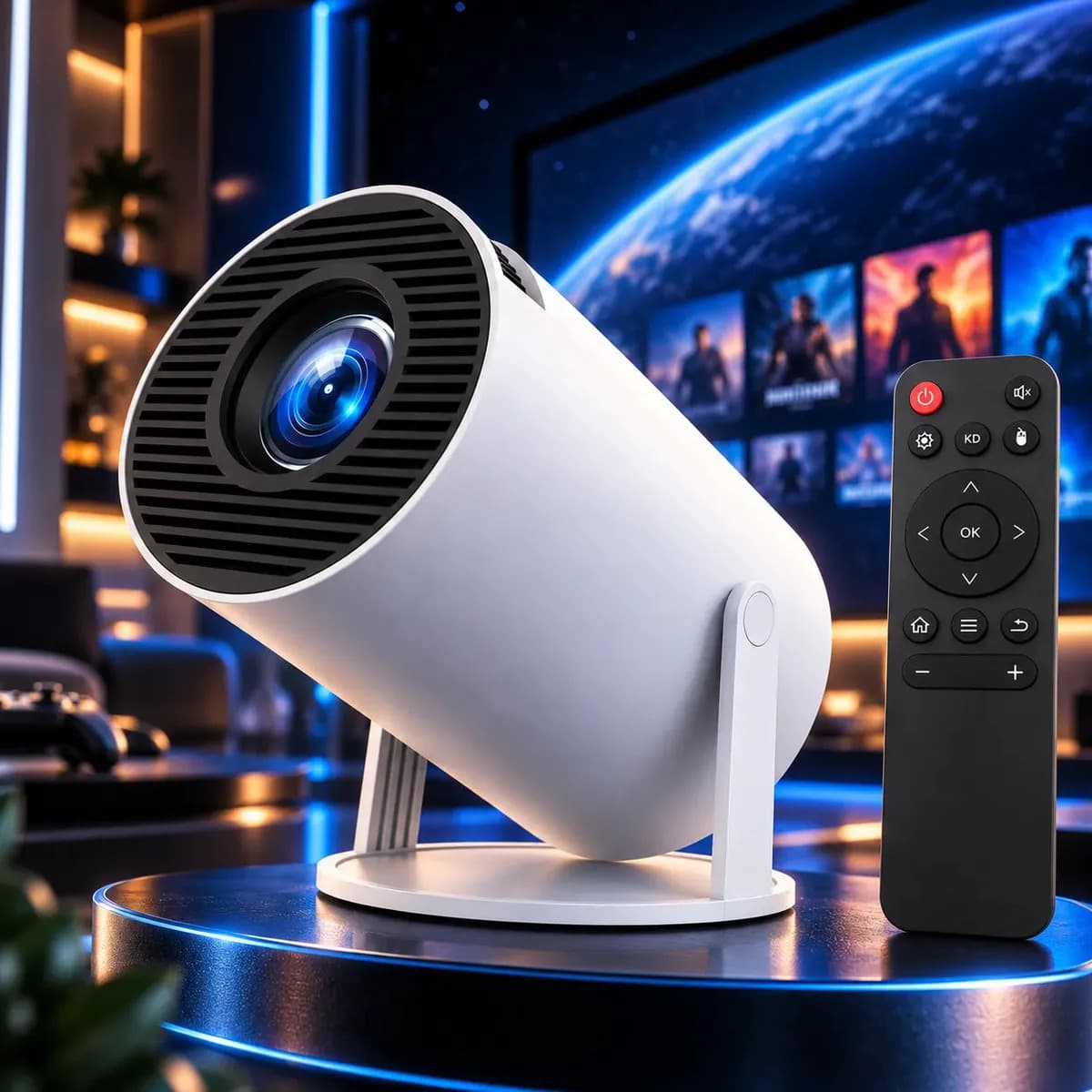 Projetor Portátil HY300 Mini 4K Compatível Android 11 Wi-Fi 5G Bluetooth Smart Portátil Rotação 180° Tela Grande para Filmes Séries Jogos Aulas e Apresentações 