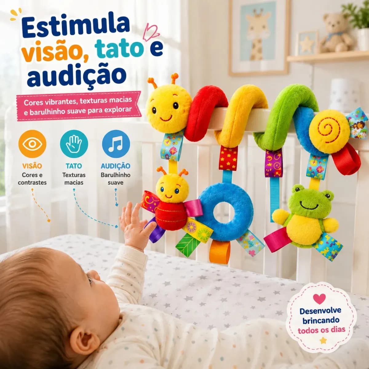 Centopéia Espiral Bichinho Pelúcia Brinquedo Carrinho Berço Bebê Conforto com Chocalho de Pendurar Sensorial — imagem 4