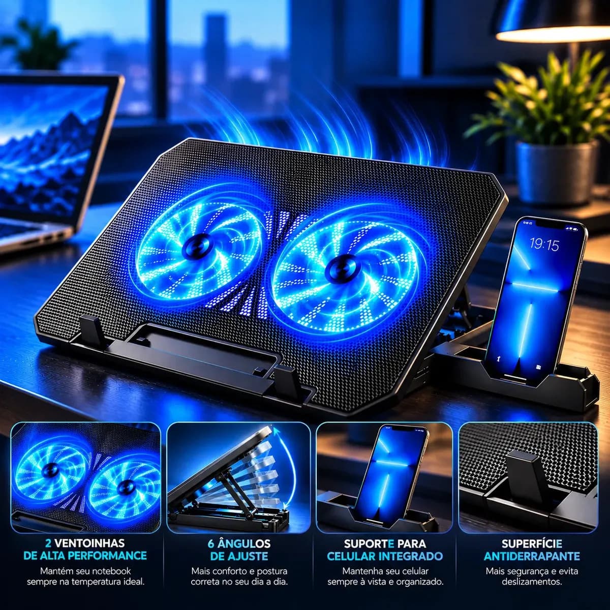 Base Suporte Para Pc Notebook Alumínio Portátil Articulado Dobrável Tablet Laptop Mesa Davely Cor Preto Com Ventoinhas E Suporte Para Celular Refrigerada 2 Cool — imagem 4