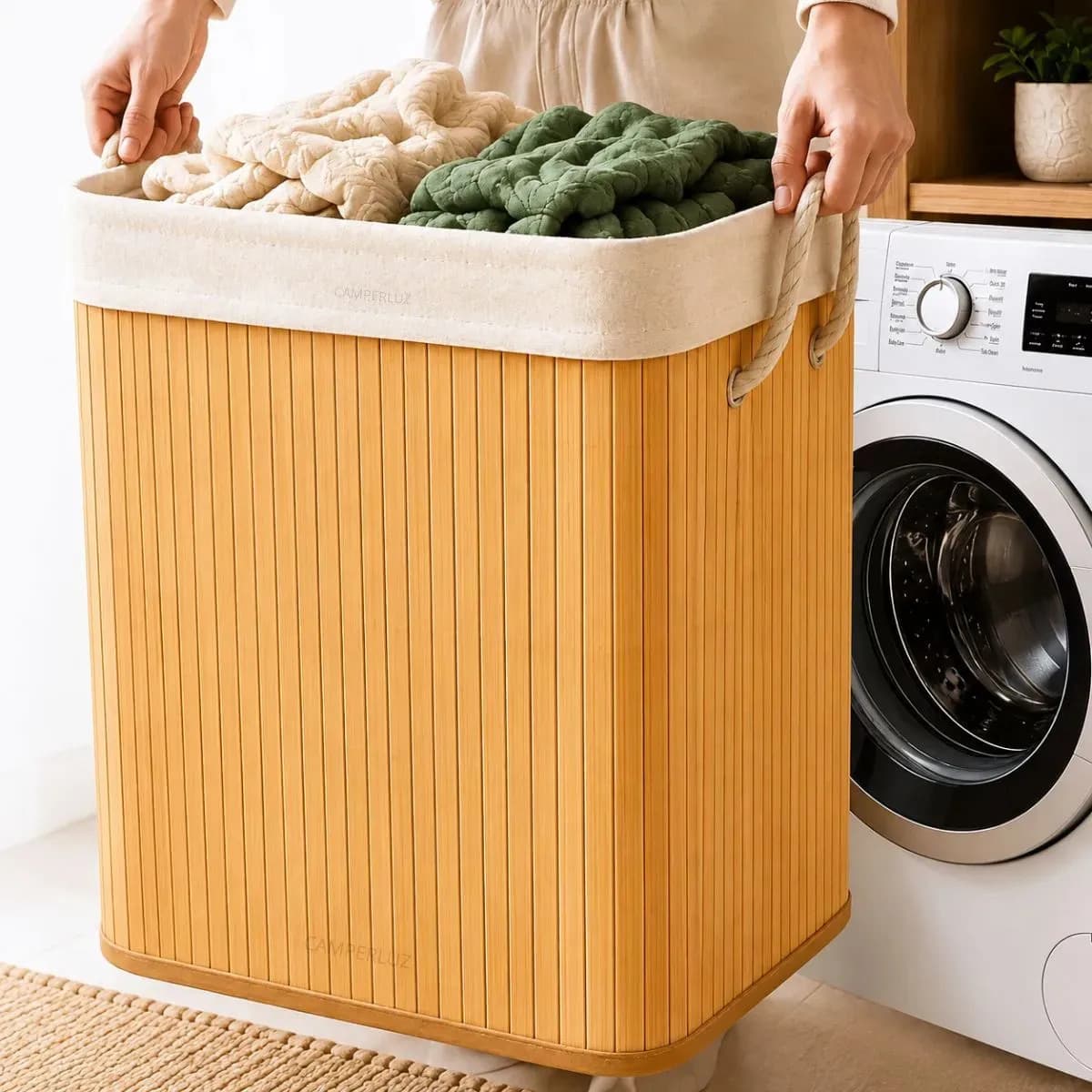 Cesto Organizador De Roupa Bambu Dobrável Retangular Com Tampa Forro e Alças 72 Litros Grande Capacidade Reforçado Caixa Organizadora para Brinquedos - Marca Ma — imagem 2